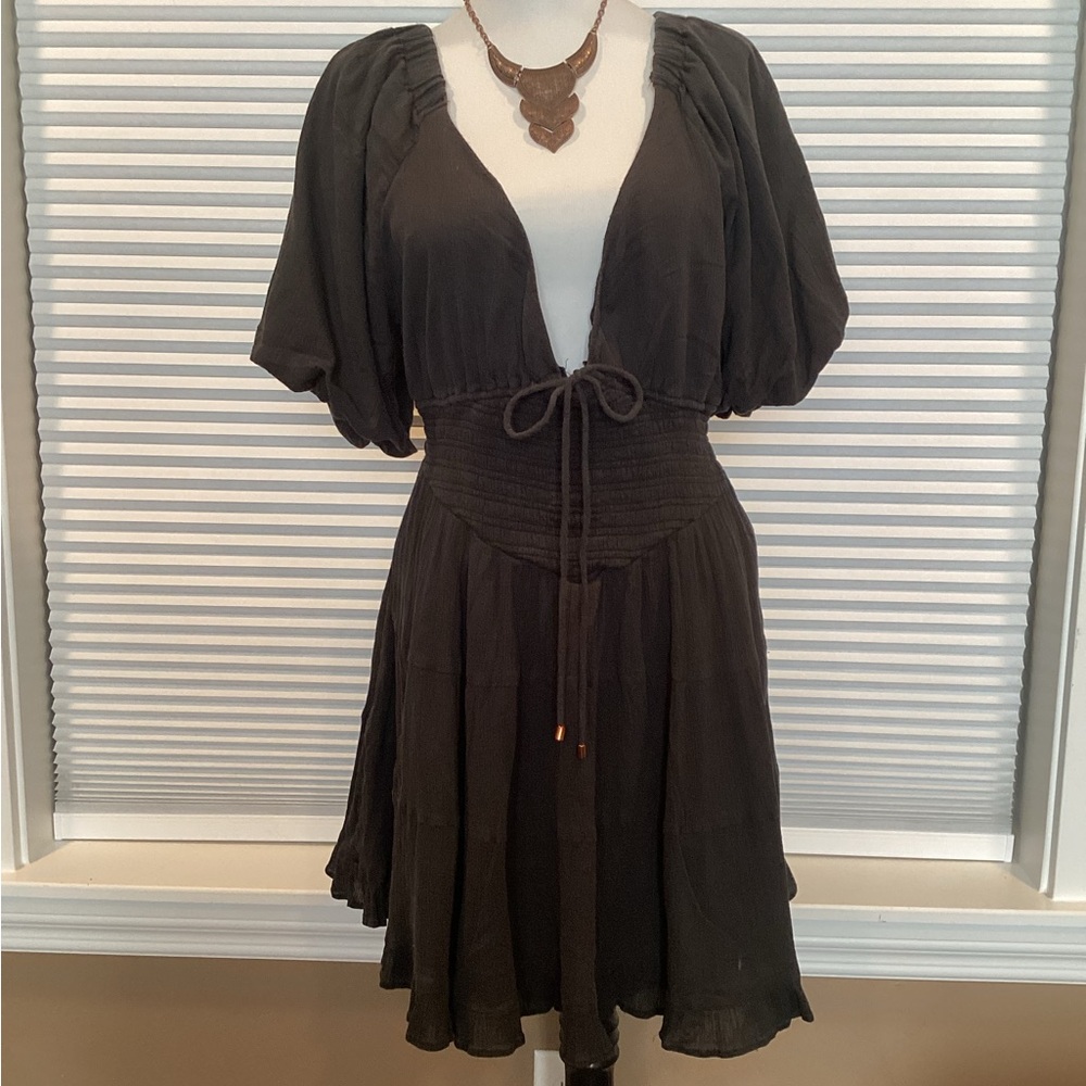 Free People Black Tie-Waist Puff Sleeve Midi Dress